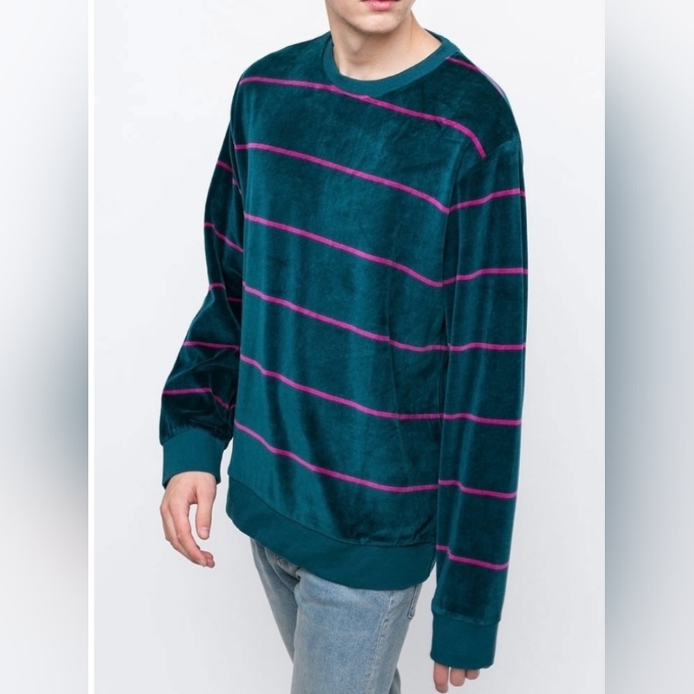 Stussy Striped Velour Crew Neck Sweatshirt Teal Pink Small